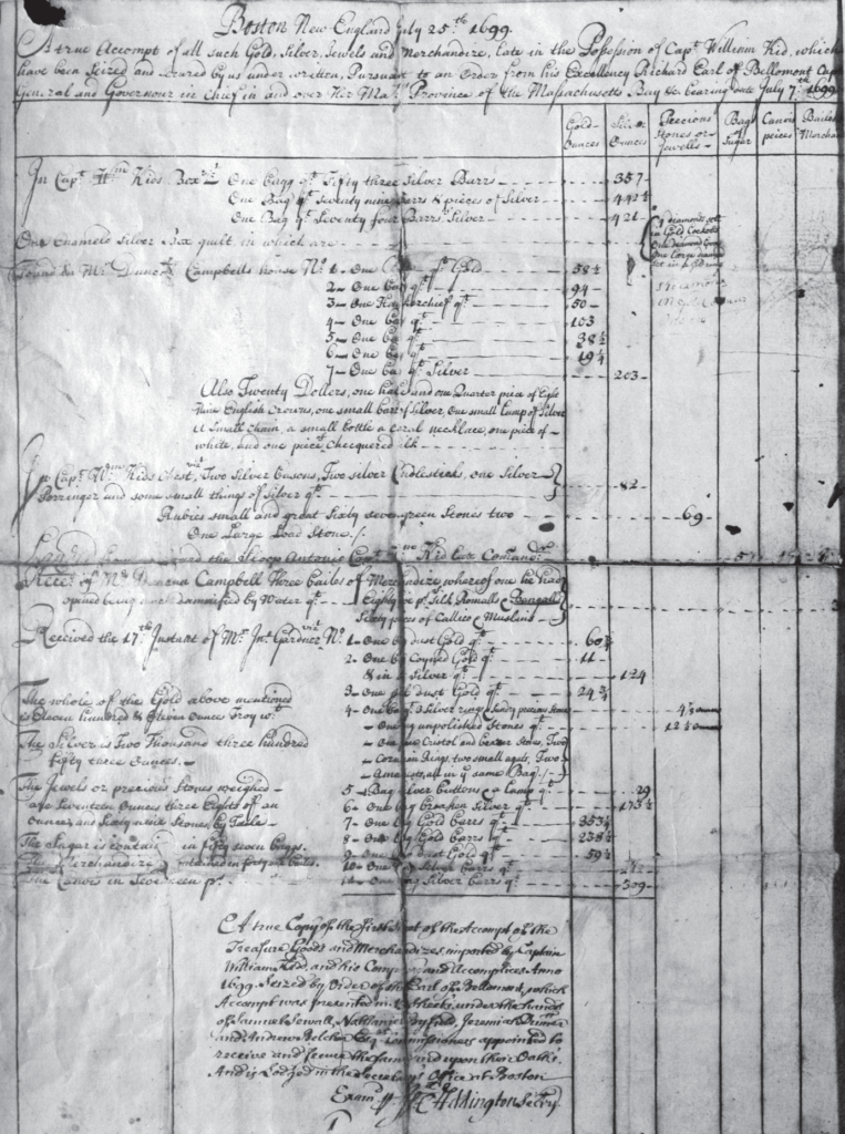An image of a receipt detailing the treasures of Captain Kidd.