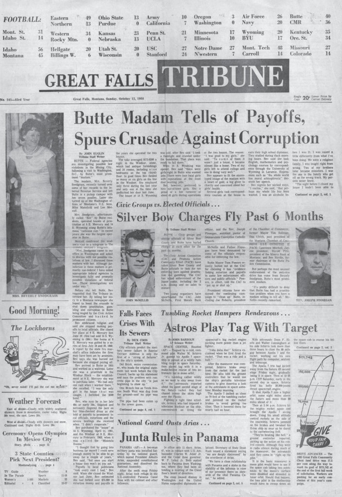 The first page of the Great Falls Tribune, detailing the events in Butte, Montana.