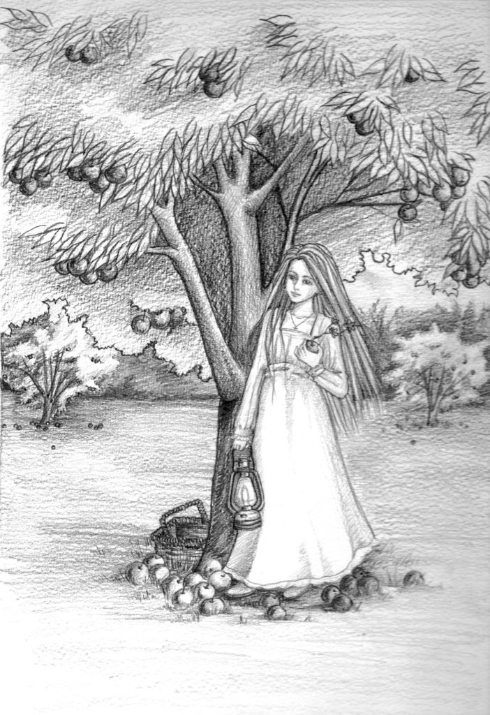  “Maria Hallett under the apple tree. Illustration by Olivia Englehart.”