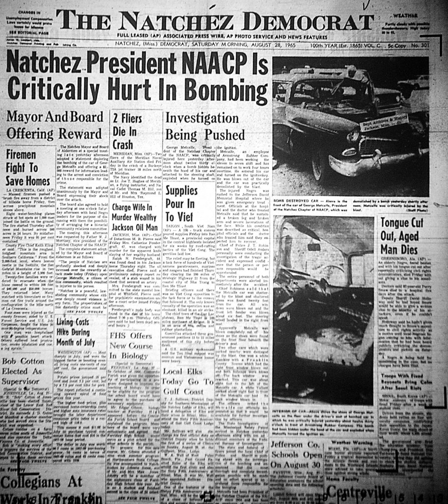  “Front page of The Natchez Democrat, August 28, 1965, reporting on the attempted assassination of George Metcalfe. Courtesy the Natchez Democrat.”