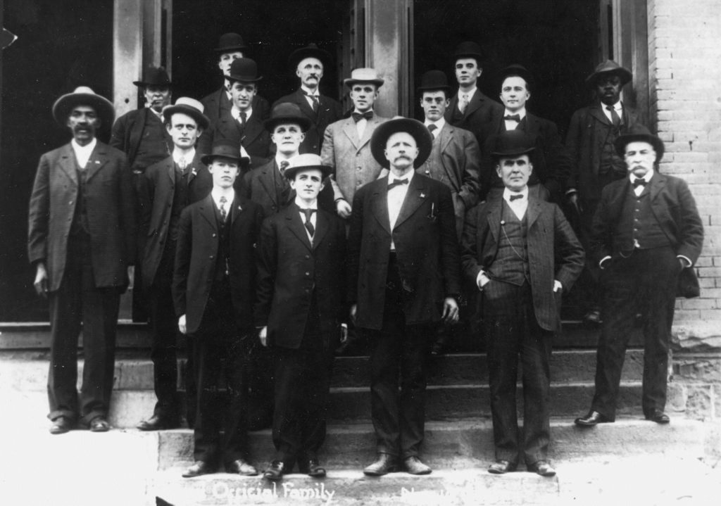  “On Statehood Day, the US law enforcement staff of Indian Territory took this photo at the federal courthouse. In the center, with the wide hat, is US Deputy Marshal James “Bud” Ledbetter … The African American deputy on the far left is the legendary Bass Reeves, who is considered to be the most important African American lawman of his generation. Courtesy of the Oklahoma Historical Society. From Roger Bell, Images of America: Muskogee. 