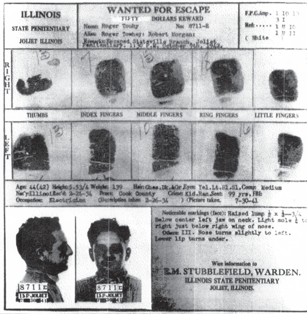 “A wanted poster with Touhy’s fingerprints and other identifying material. Touhy, Banghart and Darlak surrendered to the FBI. Courtesy of the FBI.”