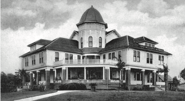 A long shot black and white photo of the South Mississippi infirmary
