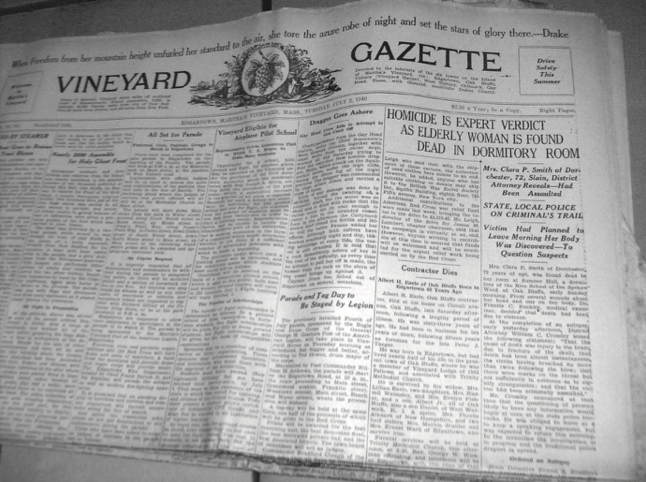A photo of the front page paper of the Vineyard Gazette