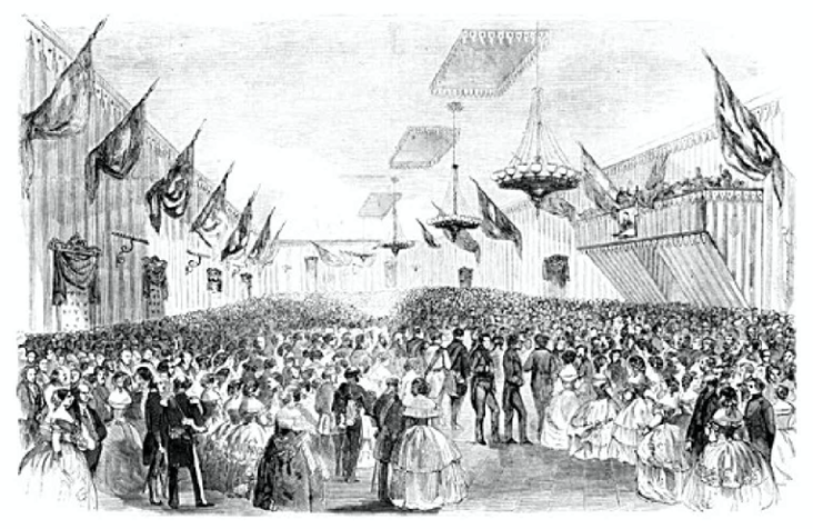 A sketch of thousands of attendees in a ballroom for Buchanan's inaugural ball.