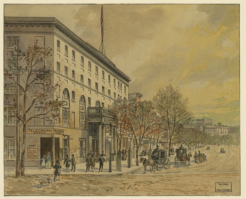 An early drawing of Pennsylvania Avenue with the national hotel on the right, with people and carriages scattering the street.