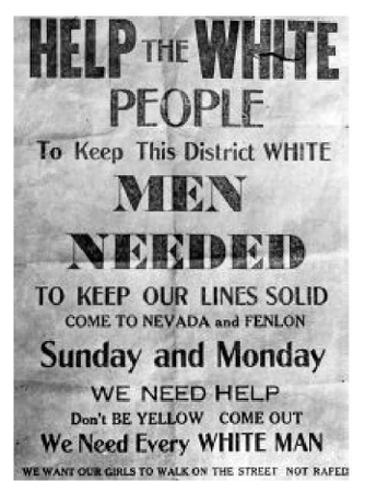flyer reading "Help white people to keep this district white, men needed to keep our lines solid, come to nevada and fenlon sunday and monday, we need help, don't be yellow, come out, we need every white man, we want our girls to walk on the street, not raped"