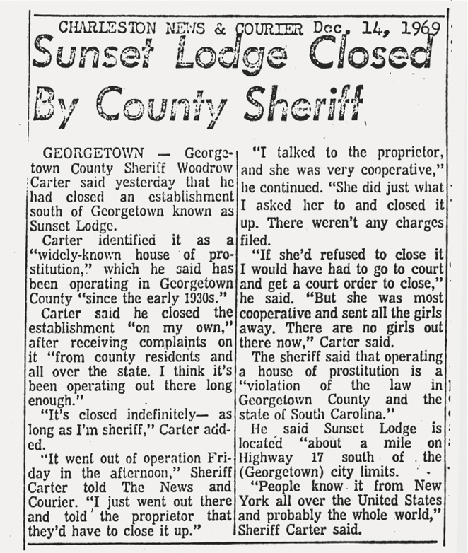 Newspaper clipping titled Sunset Lodge Closed By County Sheriff