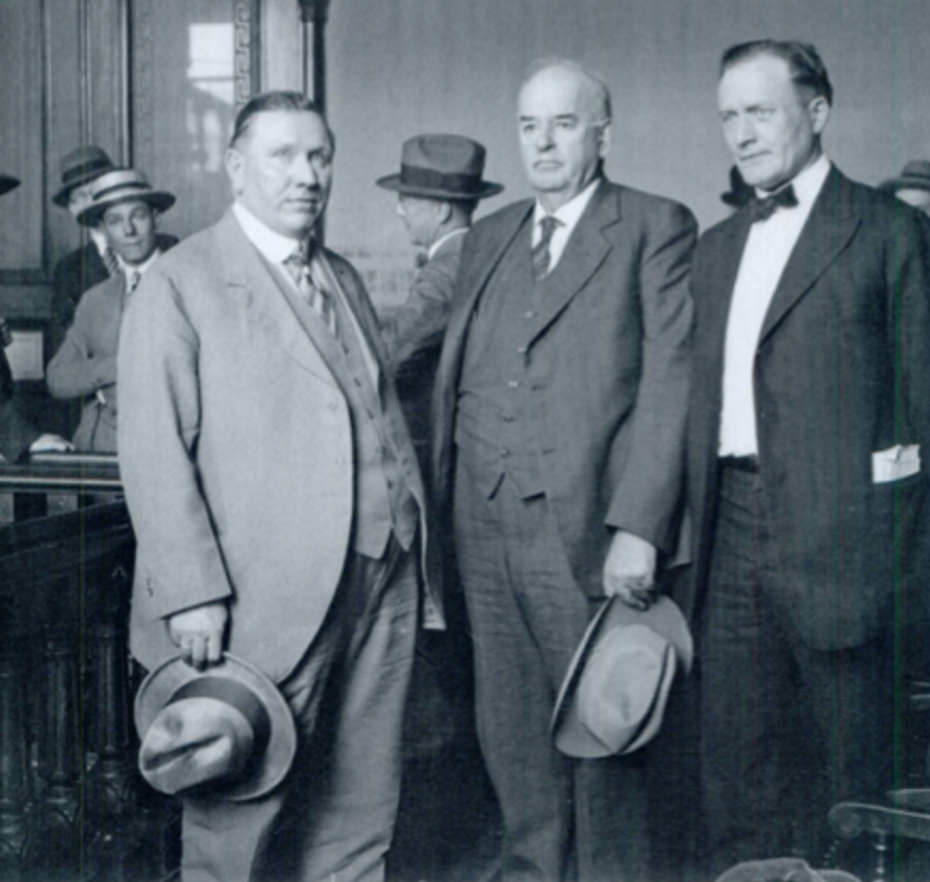 Will Colvin (left), Governor Small (center), and Chauncey Jenkins (right) photographed together during Small's trial in Waukegan.